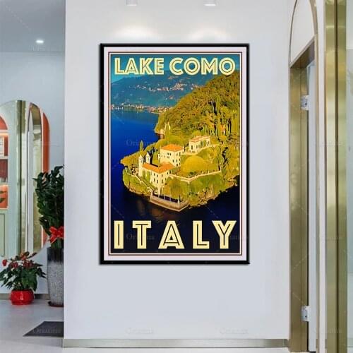 Retro Vintage Style Travel Poster Lake Como Italy Oil Painting Posters and Prints on Canvas Wall Art Pictures Home Decoration