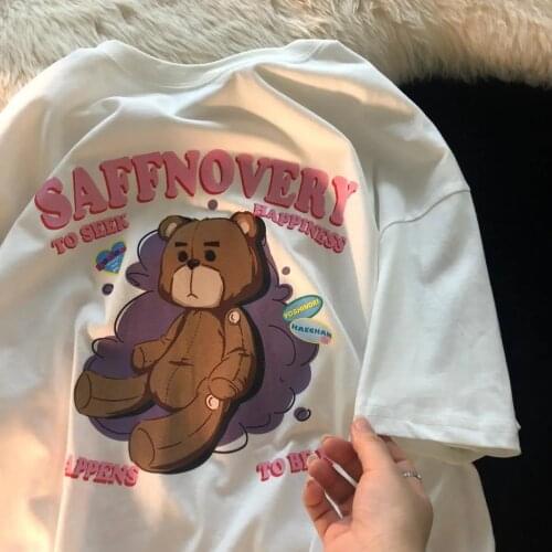 Women Tshirt 100% Cotton 2021 Summer Cartoon Print Bear T Shirt Oversized Aesthetic Tee Short Sleeve Female Top For Teens Girls