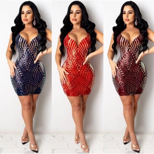 Womens nightclub sexy bead sling V-neck skirt short prom dress plus size backless party clothing for women off shoulder dress