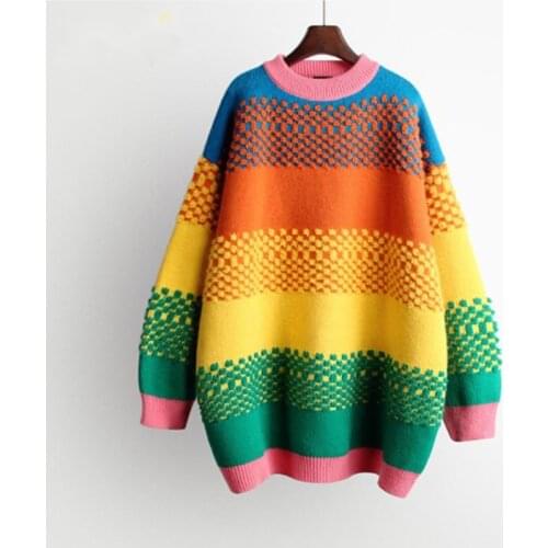 Mid-length Rainbow Temperament Striped Sweater Womens Pullover Round Neck Long-sleeved Loose Jacket 2021 Autumn Winter New