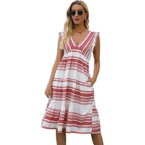 Summer Bohemian Women Dress Stripe V Neck Sleeveless Ruffles Cupcake Dress Vacation Beachwear knee-length Dress vestidos 2021