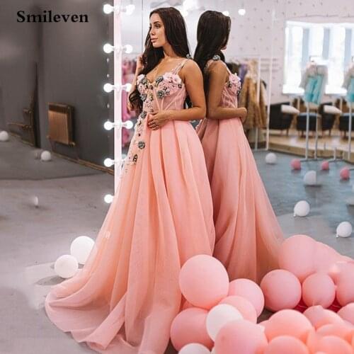 Smileven Pink 3D FlowerFormal Evening Dresses Robe de Soiree Floral Lace Evening Gowns Abendkleider Formal Party Dress