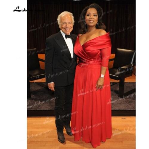 2021 Three Quarter Off the Shoulder V Neck Satin Chiffon Red Mother Of The Bride Dress Pleats Plus Size Floor-Length Lakshmigown