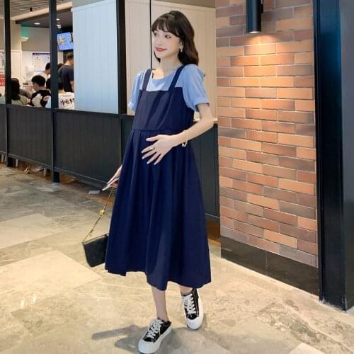 48132# Maternity Clothes Summer Cotton Short Sleeves One Piece Layer Look Stylish Dress Pregnant Women Mom Dress