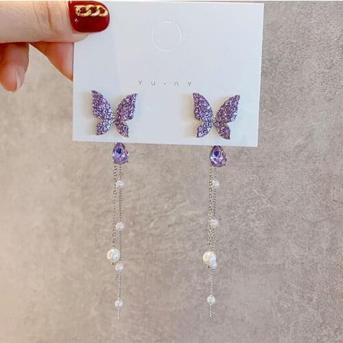 Long Tassel Purple Butterfly Tassel Drop Earrings Women Vintage Jewelry Modern Party Wedding Bridal Accessories Dangle Earrings