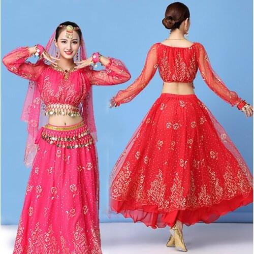 Women Belly Dance Costume Long Sleeves Mesh Joining Together Embroidery Indian Dance Suit Bollywood Set Top+Skirt 4Pcs/Set