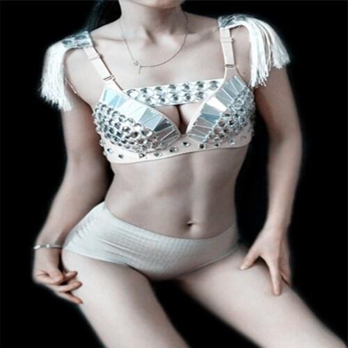 EC19 Ballroom dance stage costumes pole dance dress silver mirror bodysuit singer perform bikini dj outfits sext bra ds clothing