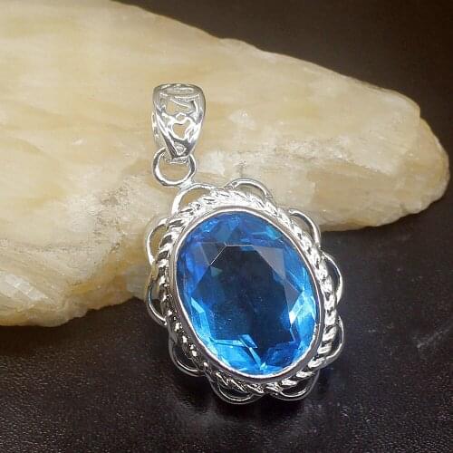 Gemstonefactory Jewelry Big Promotion 925 Silver Elegant Ocean Blue Topaz Women Ladies Mom Gifts Necklace Pendant 20213602