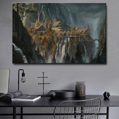 Retro Forest Landscape Canvas Print Painting European Castle Picture Wall Art Living Room Waterfall Home Decoration Poster Print