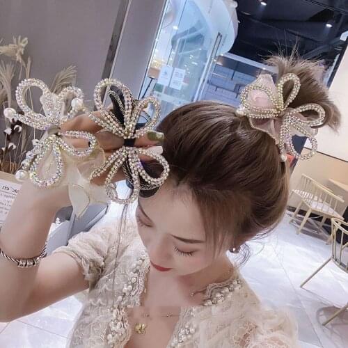 Korea Exquisite Elegant Rhinestone Bowknot Bride Scrunchies Women Girls Elastic Hair Bands Accessories Tie Hair Rope Headdress