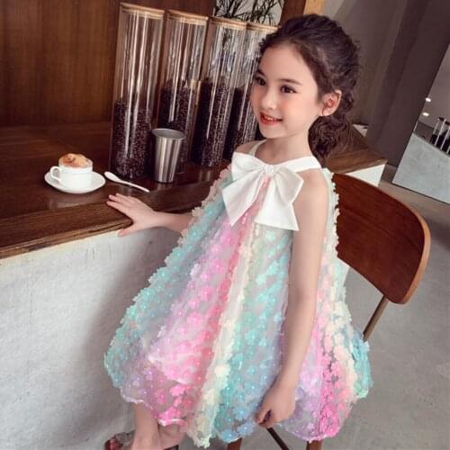 Summer Girls Dress Fashion Sleeveless Dresses For Girls Casual Children Rainbow Dress Three-dimensional Flower New Kids Clothing