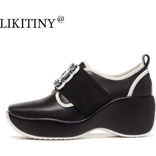 LIKITINY 2021 Fashion spring Autumn Wedges Genuine leather Women‘s shoes Elegant Leisure Temperament Crystal Rhinestone Pumps