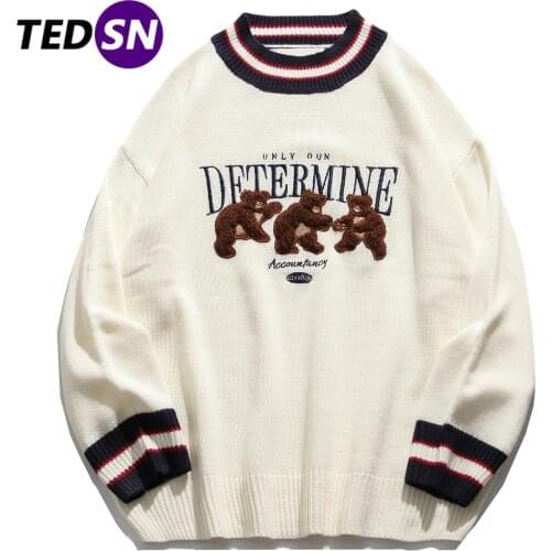 Bear Patchwork Striped Men Knitted Sweater 2020 Autumn Harajuku Sweater Oversize Hip Hop Streetwear Cotton Pullover Men Clothing