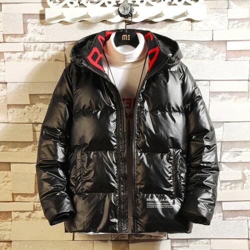 2019 New Winter Mens Thick Warm Down Jacket Mens Hooded Slim Fit Handsome High Quality Fashion Casual PU Leather Coat Printing