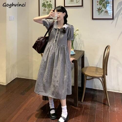 Dresses Women Kawaii Plaid Simple Loose Summer Peter Pan Collar Casual Streetwear Buttons All-match Japanese Style Fashion Retro