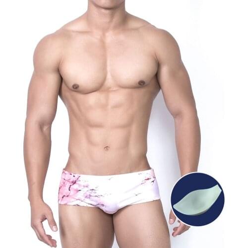 Men Swim Briefs Peach Blossom Printed Triangle Trunks With Push Pad Quick Drying Swimming Bathing Beach Surf Wear