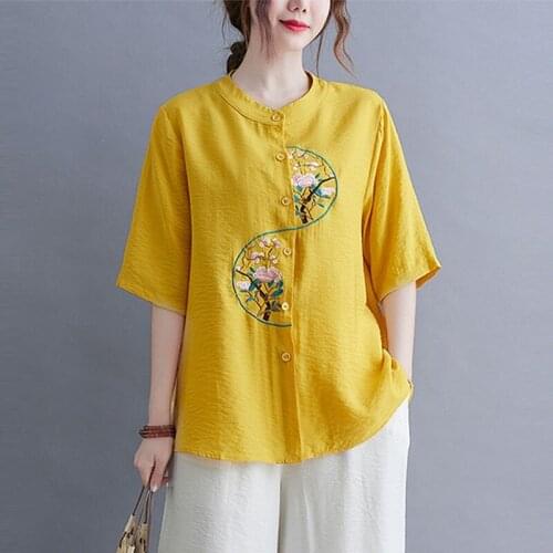 Women Cotton Linen Casual Shirts New Arrival 2021 Summer Vintage Style Floral Embroidery Loose Female Half Sleeve Tops S3525