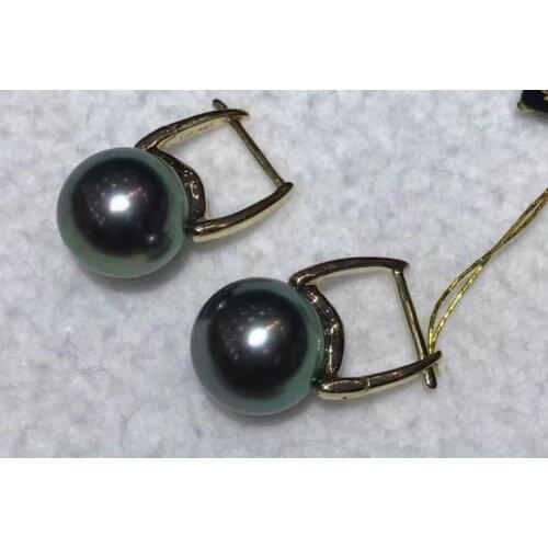 AAA round 10-11mm tahitian black green pearl earring 18k