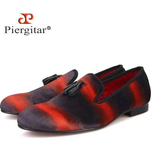 Piergitar mixed colors men velvet loafers with leather tassel banquet and party men handmade shoes plus size smoking slippers