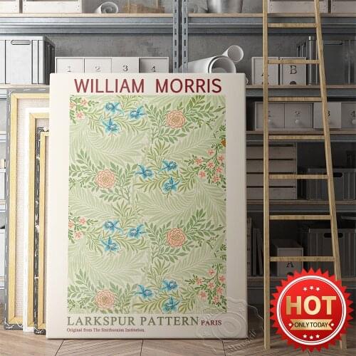 William Morris Museum Exhibition Poster, Morris Art Works Larkspur Pattern Decor Prints, Nordic Style Plant Flower Wall Picture