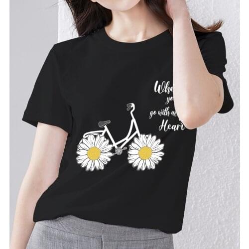 Summer TShirt for Womens Harajuku Style Daisy Pattern Series Female Short Sleeve Tops High Quality Black Print Ladies Tee Shirt