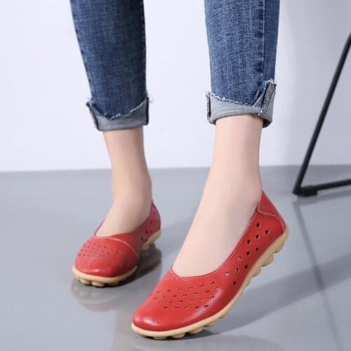 Genuine Leather Women Flats New Cut-Outs Summer Shoes Woman Hollow Womens Loafers Female Solid Shoe Large Size 35-44