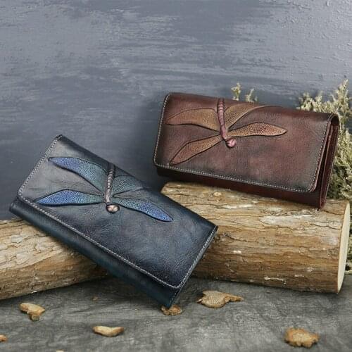 Genuine Leather Women Wallet Long Purse Butterfly Embossing Wallets Female Card Holders Carved Vintage Phone Bag