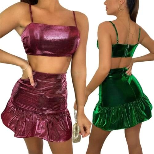 Summer 2021 Women Set Spaghetti Strap Crop Tops White Sexy And Mini Bodycon Skirt Ruffles Party Outfit Club Two Piece Sets