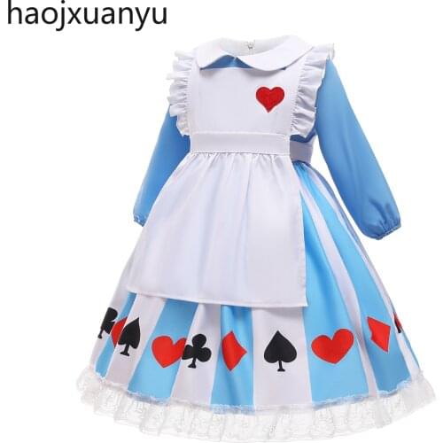Girls Cosplay Maid Outfit Anime Long Dress Blue and White Apron Dress Lolita Dresses Kids Costume for Halloween Xmas
