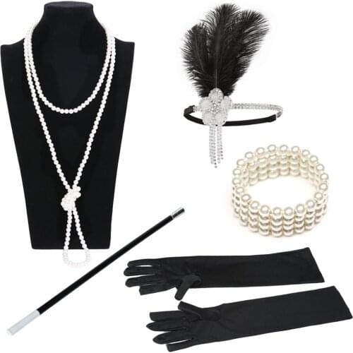 1920s Charleston Party Flapper Girl Rhinestone Headband Pearl Necklace Bracelet Cigarette Holder Great Gatsby Accessories Set