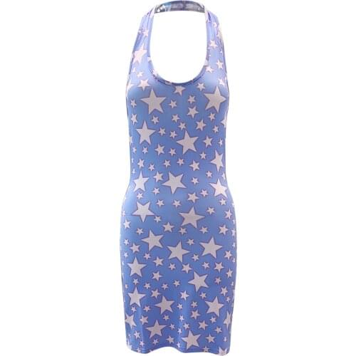 Women Summer Dress 2021,Sexy Halter Skinny Dress Fashion Star Printing Sleeveless Backless High Waist Short Skinny Pencil Dress