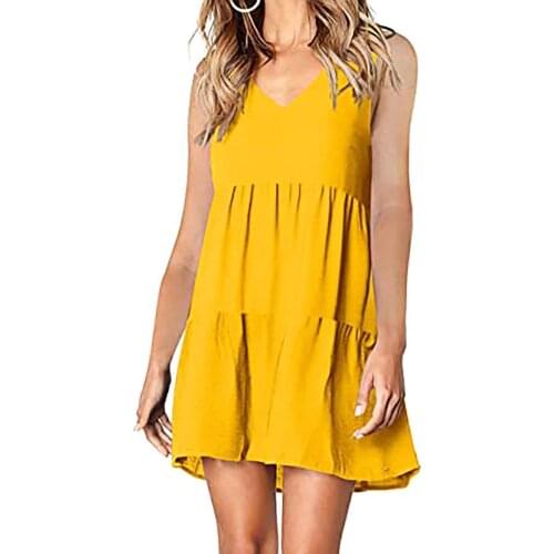 Women Dress Boho elegant Sleeveless Solid Color V-neck Ruffle Hem Loose Mini Dress Sundress Sexy Party Mini Dress Summer 2021