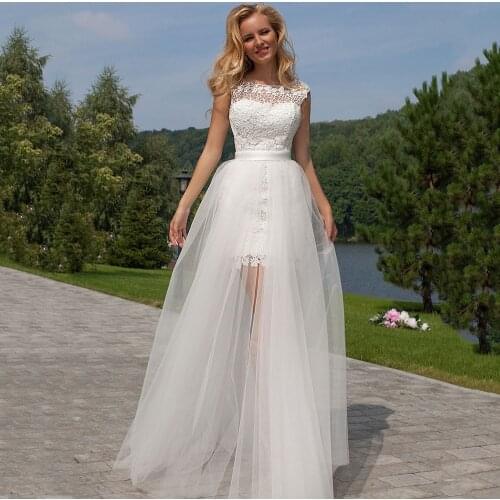 Scoop Lace Sleeveless Detachable Knockdown 2 In 1 A-Line Tulle Boho 2021 Wedding Dress Bridal Gown Vestido De Novia