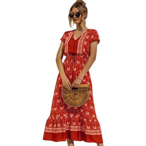Summer Bohemian Vintage Maxi Dress For Women Casual V-neck Short Sleeve Floral Print Long Beach Night Dress Vestidos Midi Robe