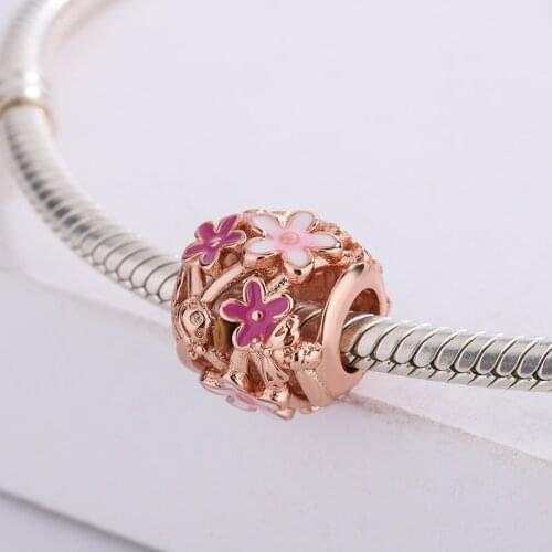 925 Sterling Silver Openwork Pink Daisy Flower Charm Ladybird And Bee Pendant Charm Bracelet Jewelry Making For Original Pandora