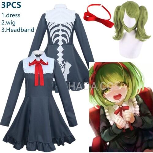 Anime Danganronpa Another Episode:Ultra Despair Monaca Towa Cosplay Costume Dress Monaka Towa Cosplay Uniforms Set Green Wig