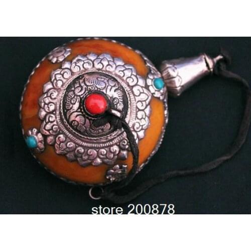 BYH034 Antiqed Tibetan Silver Capped Golden Resin Simulent Amber Beeswax big Snuff bottle Tibet Dragon Colletibles Free ship