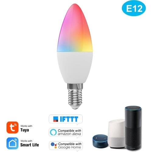 WiFi Smart Bulb RGB+W+C LED Candle Bulb 5W E12 Light Phone APP SmartLife/Tuya Remote Control Compatible with Alexa Google Home
