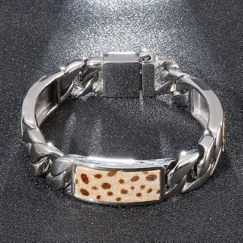 New style stainless steel casting bracelet, trendy mens fashion jewelry, leopard print, snap clasp, titanium steel bracelet