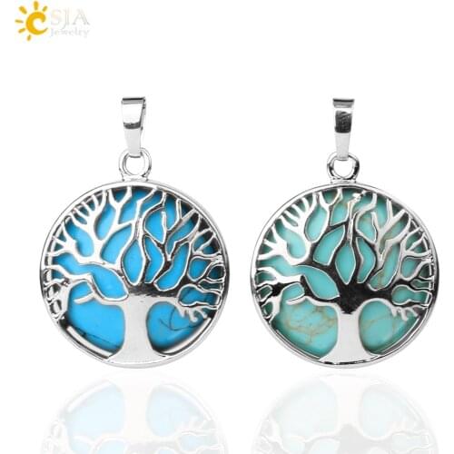 CSJA F044 Reiki Life Tree Pendant Necklaces Turquoises Snowflake Stone Round Hollow Locket Pendants Charm Jewelry Women Men F832