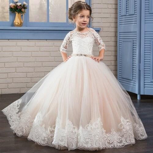 Kids Flower Girl Dresses Children Pageant Evening Gowns Sequined Lace Mesh Ball Gowns Wedding First Communion Dresses
