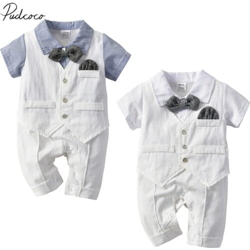2019 Baby Summer Clothing Infant Boy Kids Baby Tuxedo Suit Outfits Jumpsuit Short Sleeve Romper Gentleman Bow Tie Clothing 0-24M