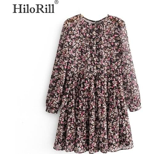 HiloRill Boho Floral Print Pleated Dress Long Sleeve Women Mini Dress O Neck Loose Ladies Dresses Beach Sundress Ropa Mujer
