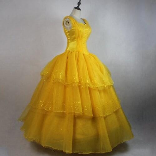 Princess Belle Cosplay Costume Women Long Yellow Party Dance Dress Ball Gown Beauty And Beast Adult Halloween Costume