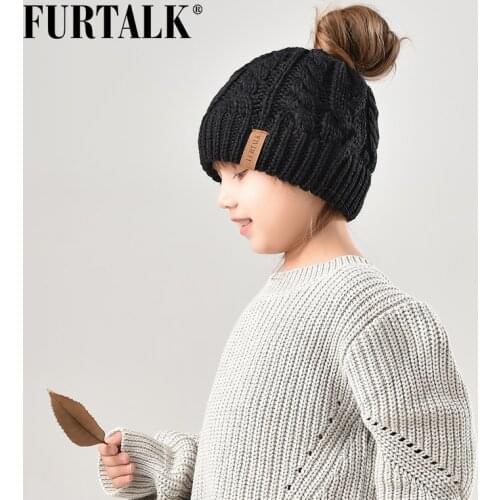 FURTALK Children Ponytail Beanie Hat Autumn Winter Kids Girls Boys Knitted Messy Bun Hats for Child 3-12 Years