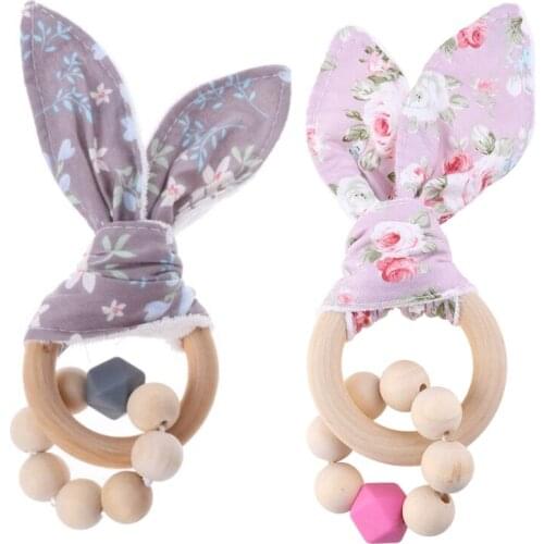 Christmas Baby Boy Bunny Ear Teether Safe Organic Wood Teething Ring 7 Color Choice Shower Gifts