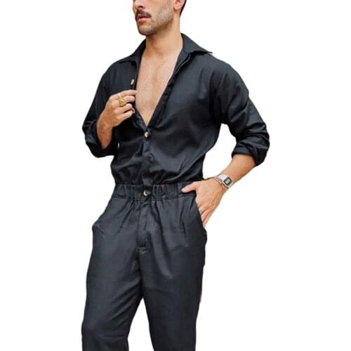 Men’ s Jumpsuit Solid Color Turn-Down Collar Long Sleeve Comfortable Playsuits Romper For Boys Black/Dark Blue