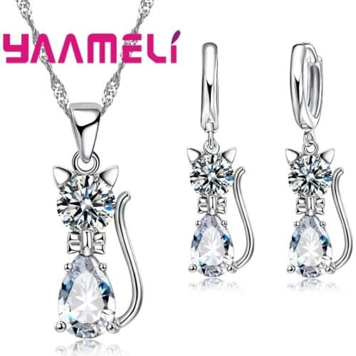 Genuine High Quality 925 Sterling Silver Jewelry Set Clear CZ Cubic Zircon Cat Necklace Earrings Pendant For Women