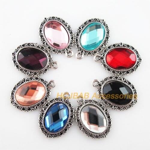 Fashion 8Pcs New Oval Charms Tibetan Silver Tone Retro Mixed Crystal Pendants 16x23mm