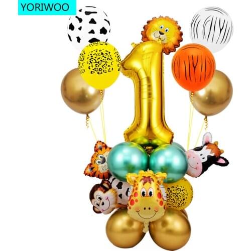 Jungle Animal Monkey Lion Balloon Set Metallic Balloon Number 1 2 3 4 5 Happy Birthday Party Decorations Kids 1st Oh Baby Shower